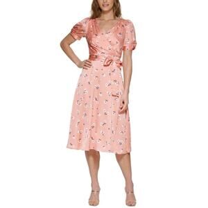 DKNY Floral Print Belted Wrap Midi Dress Puff Sleeve Satin Pink Womens Sz 16 New